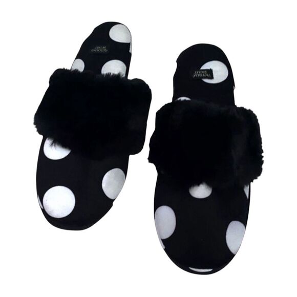 NWOT Victoria's Secret Signature Satin Slippers Black with White Polka Dot with - Picture 1 of 7